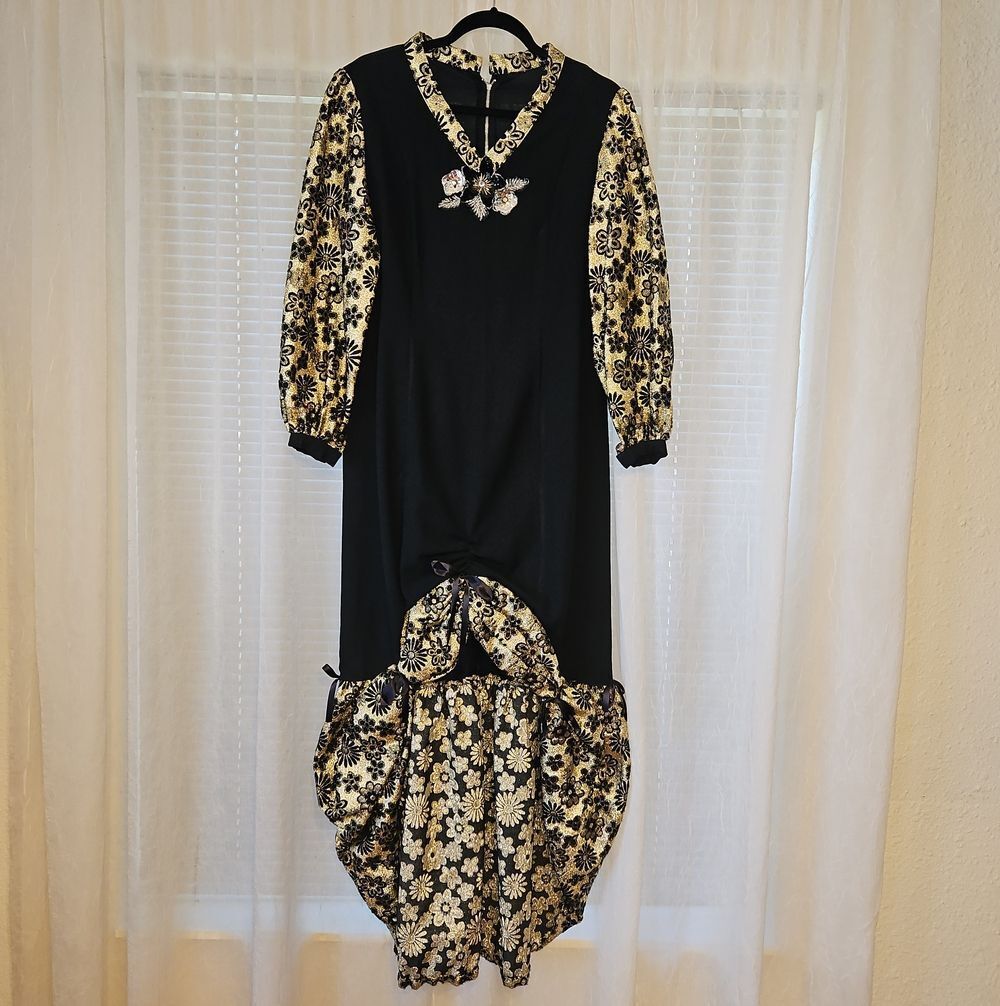 Vintage Black Dress with Gold Floral Sleeves and Hem